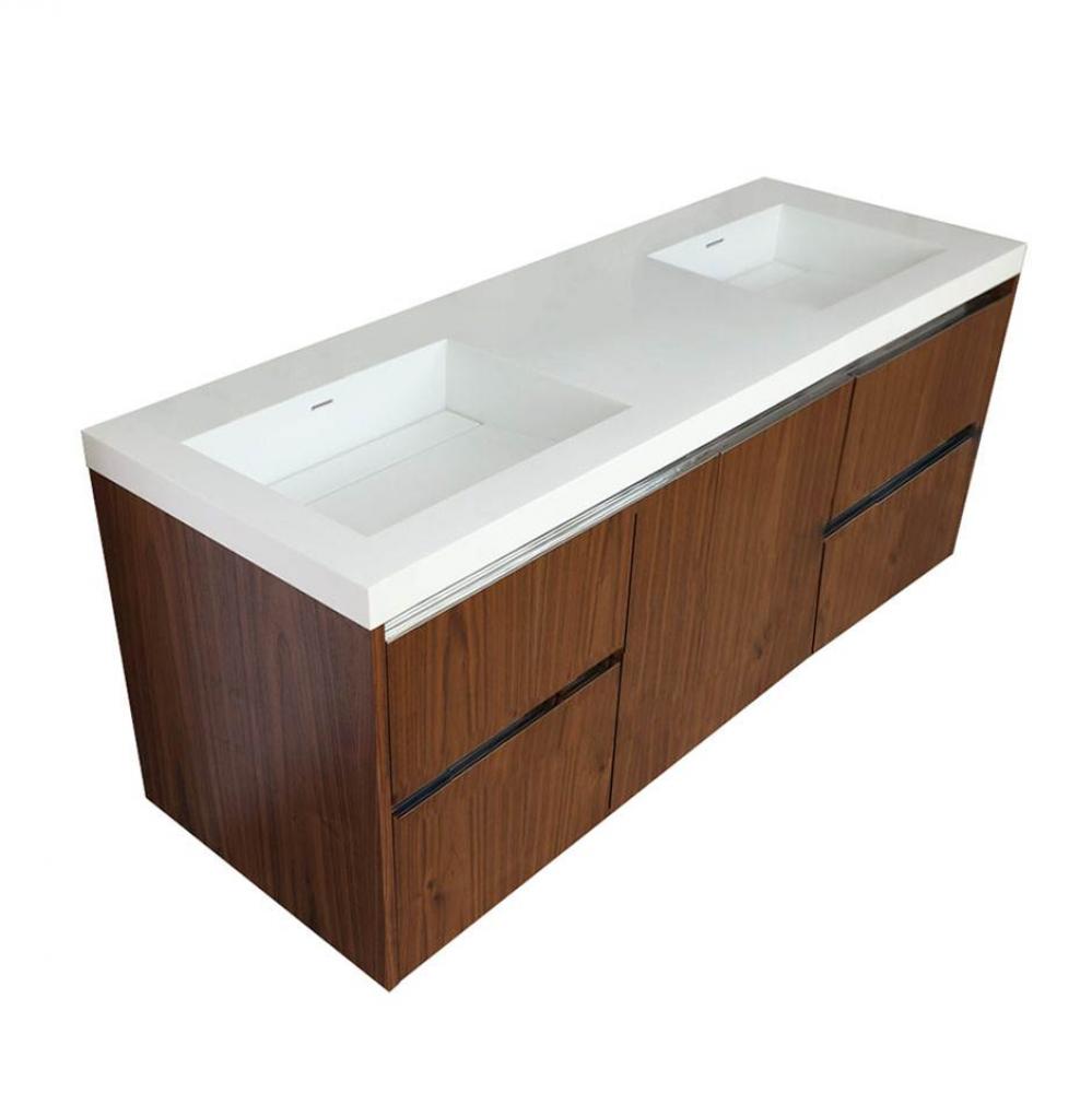 Wall-mounted undercounter vanity with  a large drawer on the  center and two small drawers on left