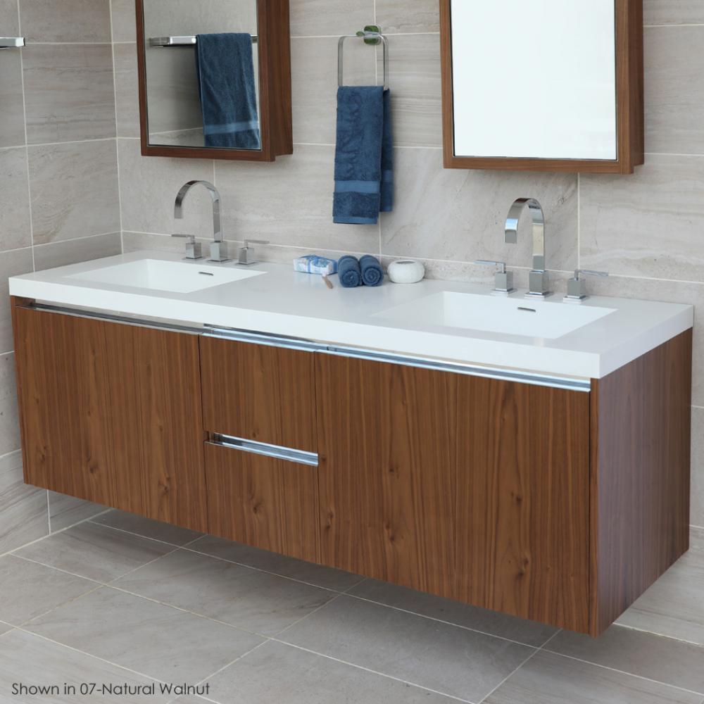 Wall-mount under-counter double vanity with , a notch-back large drawer on left and right, and two