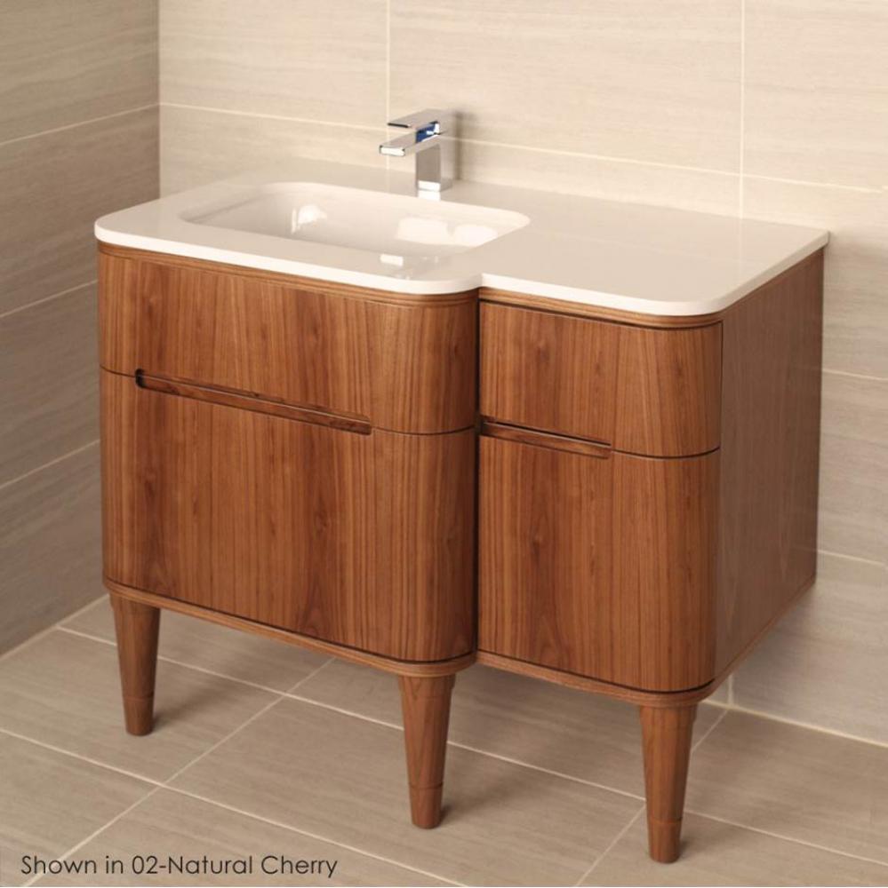 Wall-mount under counter vanity with three routed finger pull drawers .