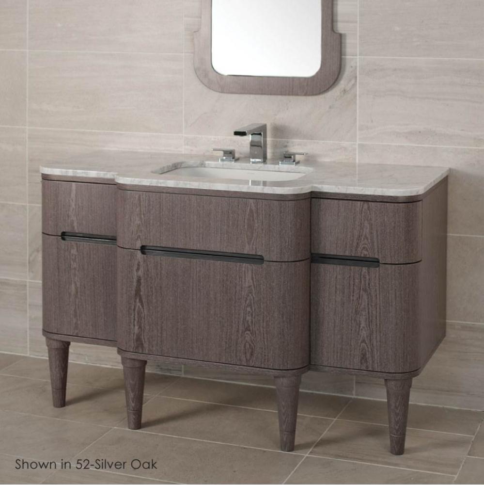 Wall-mount vanity with five drawers notched for finger-pulls.