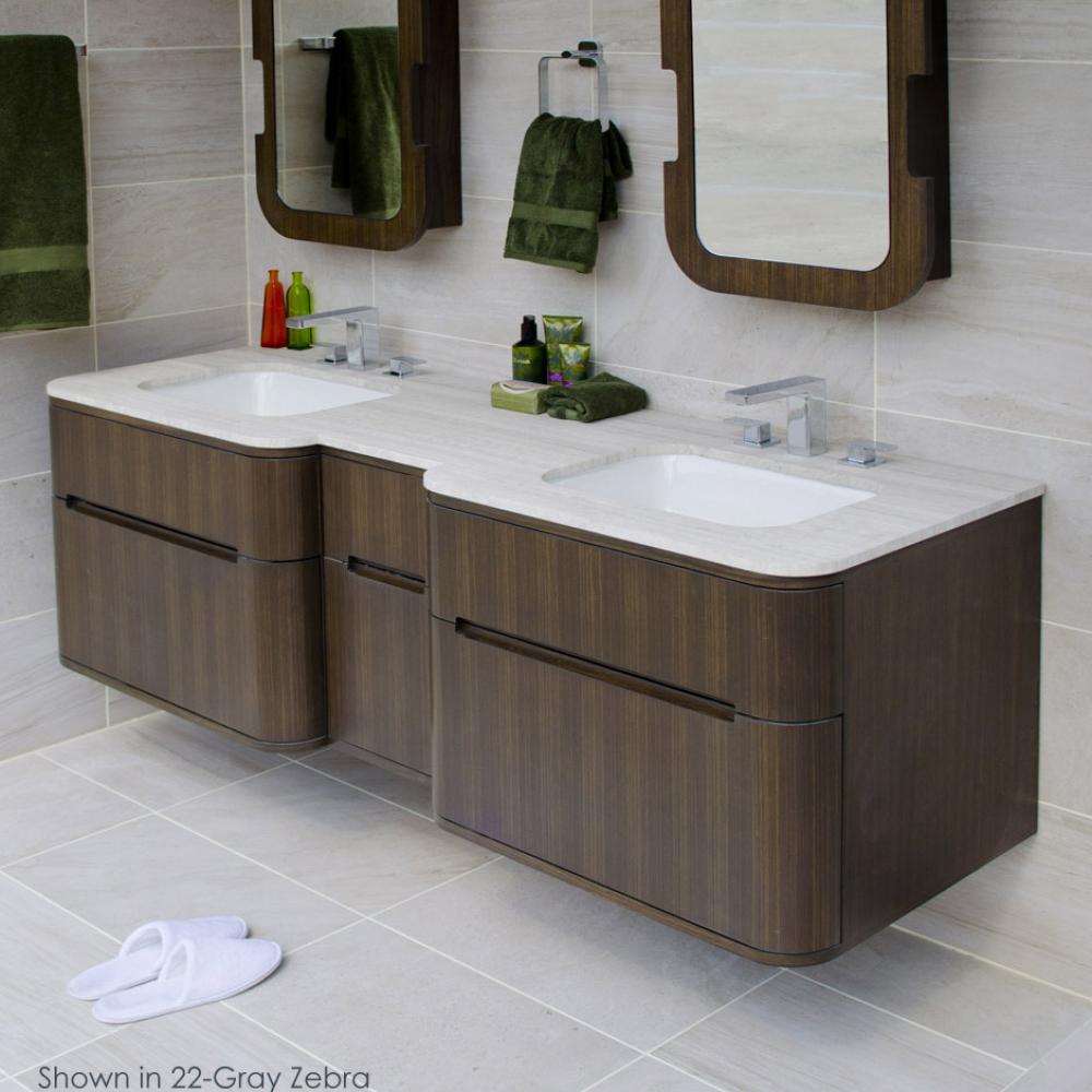 Wall mount under-counter double vanity with four finger routed drawers.