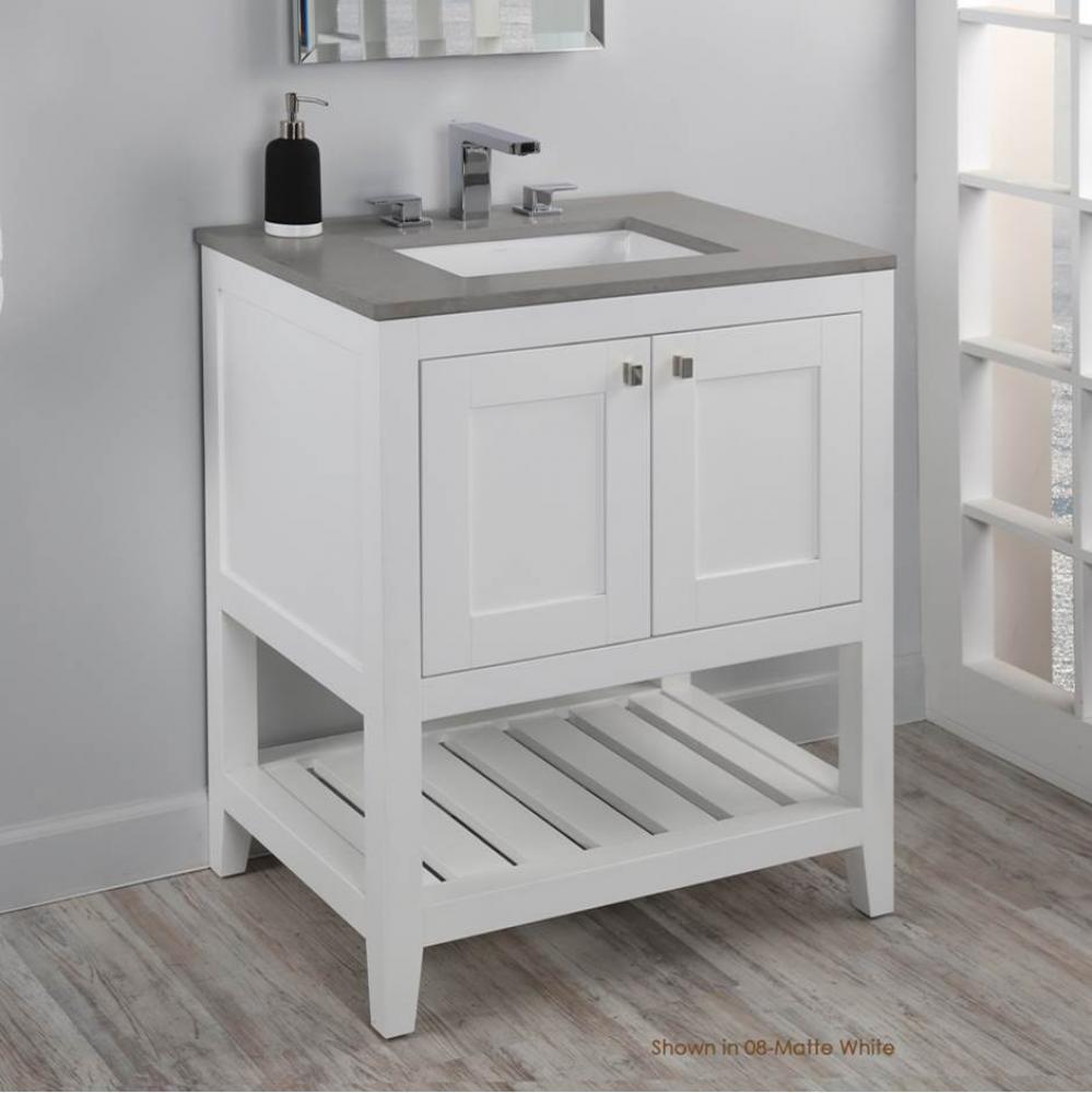 Free standing under-counter vanity with two doors(knobs included) and slotted shelf in wood.
