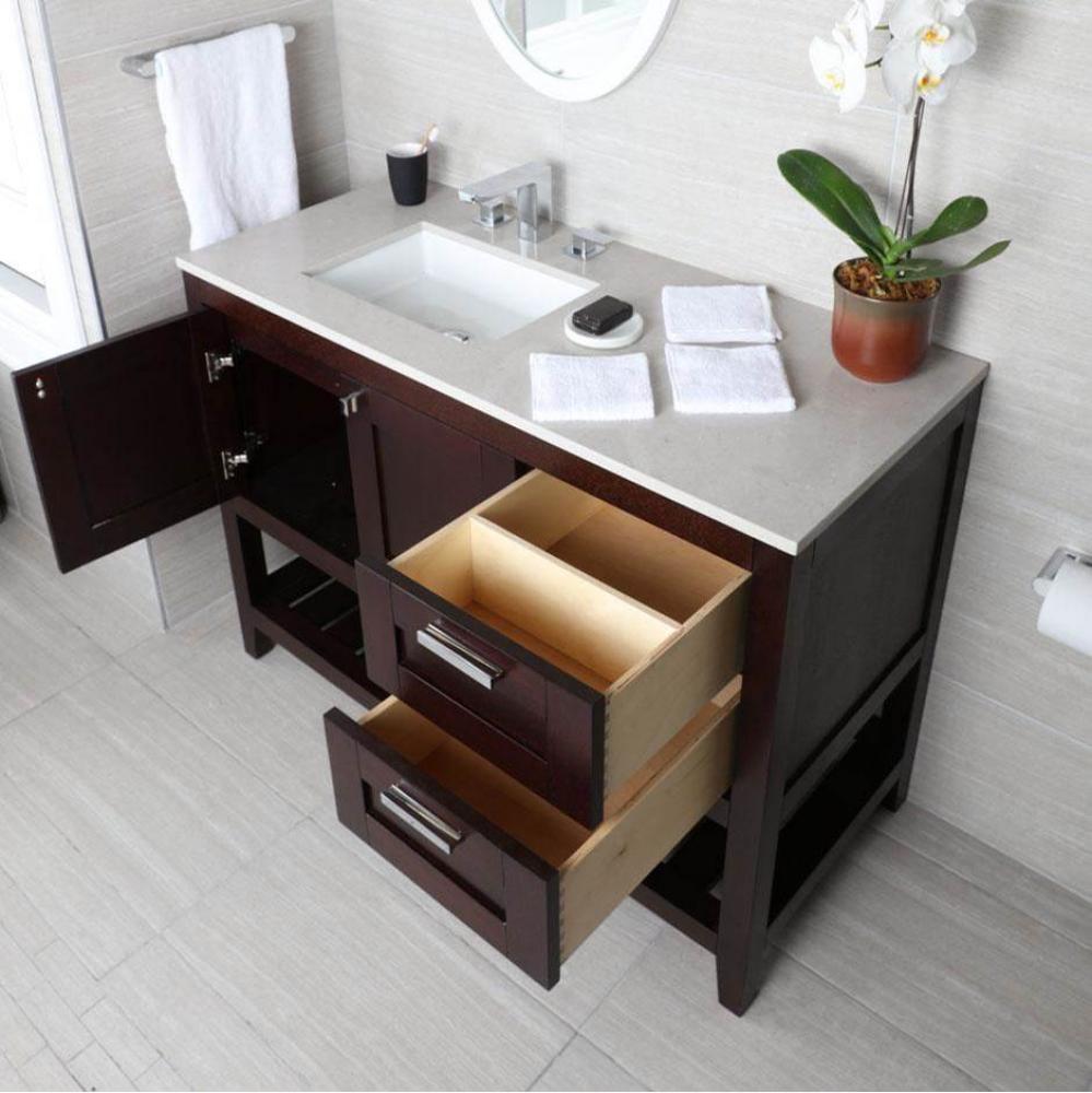 Free standing under-counter vanity with two doors(knobs included) on right, two drawers(knobs incl