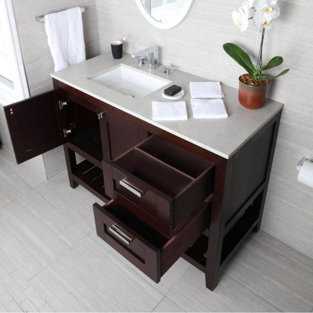 Free standing under-counter vanity with two doors(knobs included) on right, two drawers(knobs incl