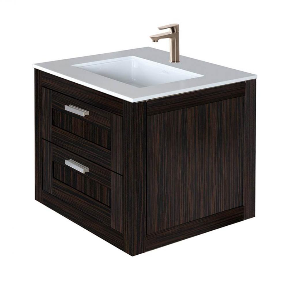 Wall-mount under-counter vanity with two drawers (knobs included).