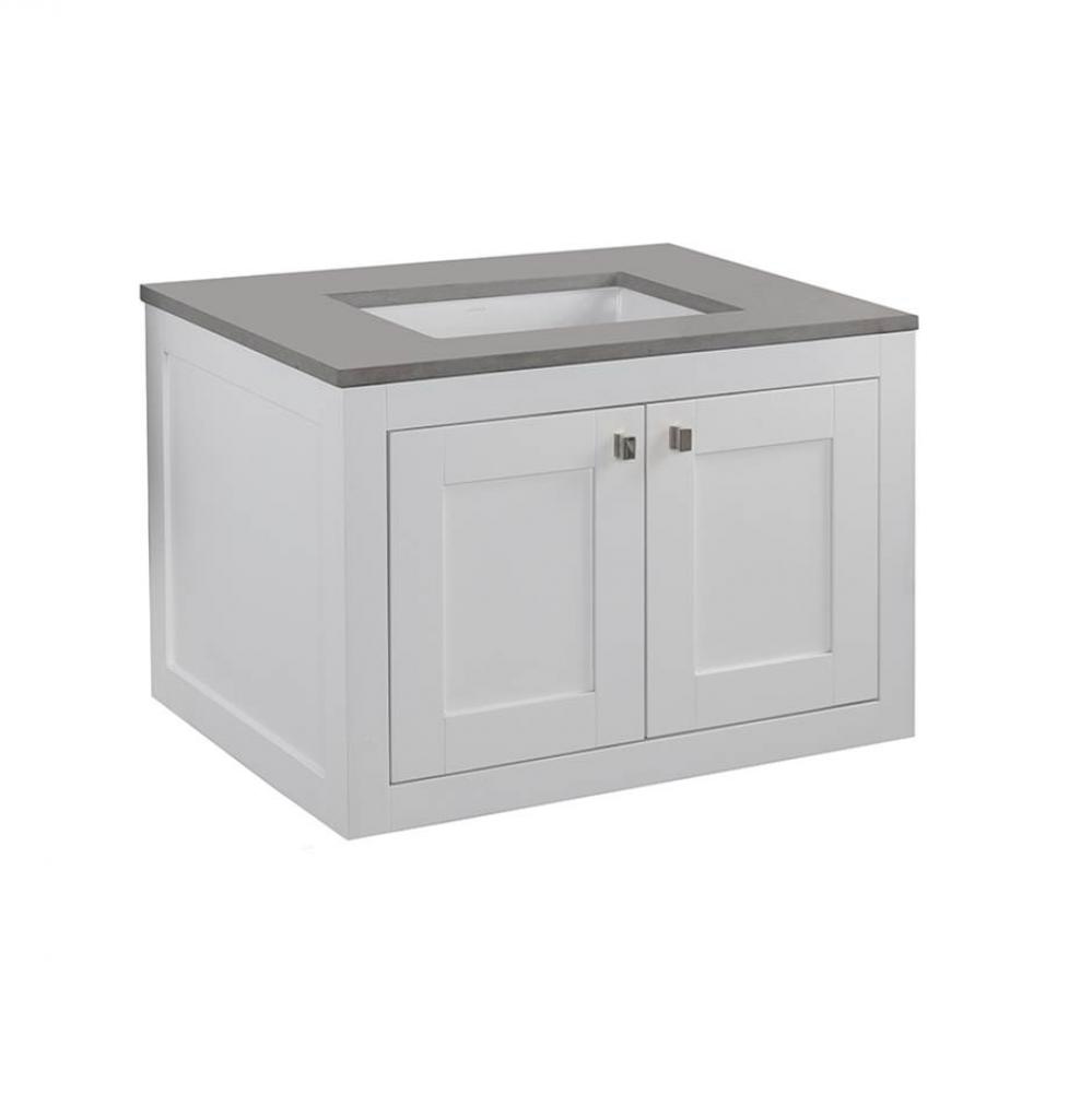Wall-mount under-counter vanity with two doors (knobs included).