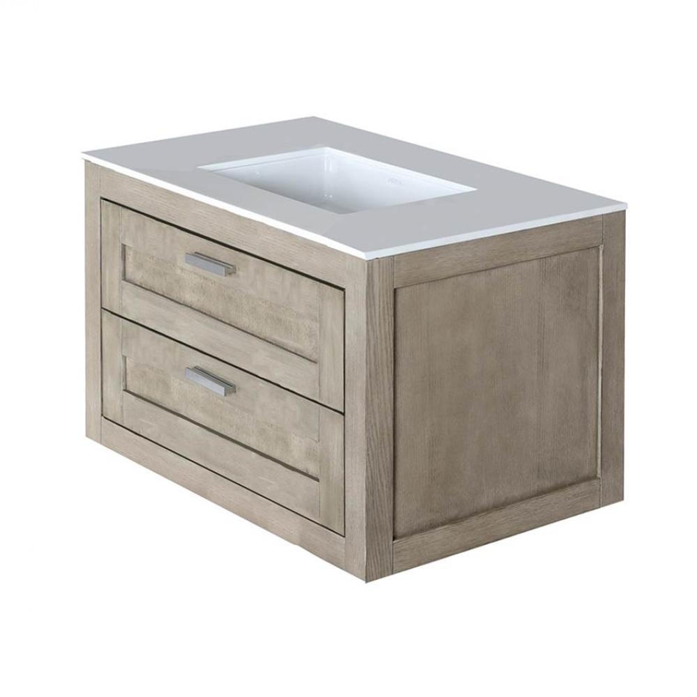 Wall-mount under-counter vanity with two drawers (knobs included).