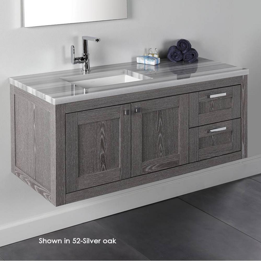 Wall-mount under-counter vanity with two doors on the left and two drawers on the right.