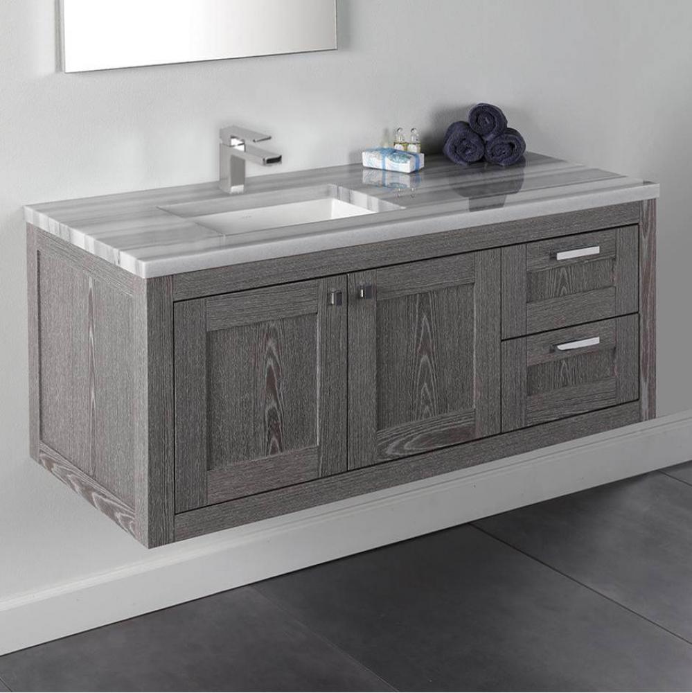 Wall-mount under-counter vanity with two doors on the left and two drawers on the right.