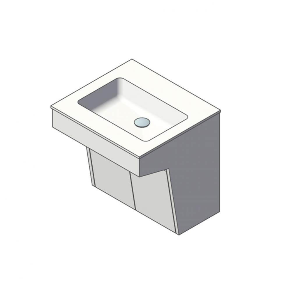 Wall-mount vanity with two doors and fingerpull openings; can meet federal ADA requirements when i