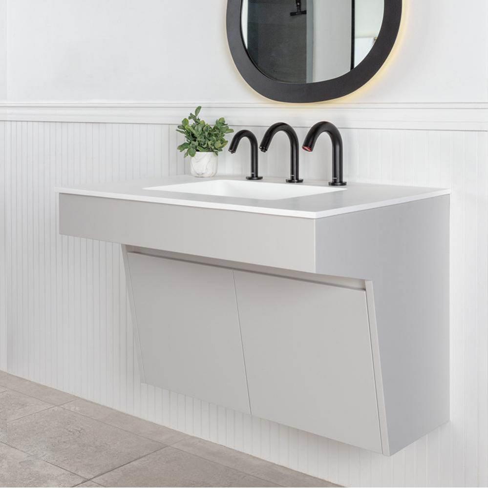 Wall-mount vanity with two doors and fingerpull openings; can meet federal ADA requirements when i