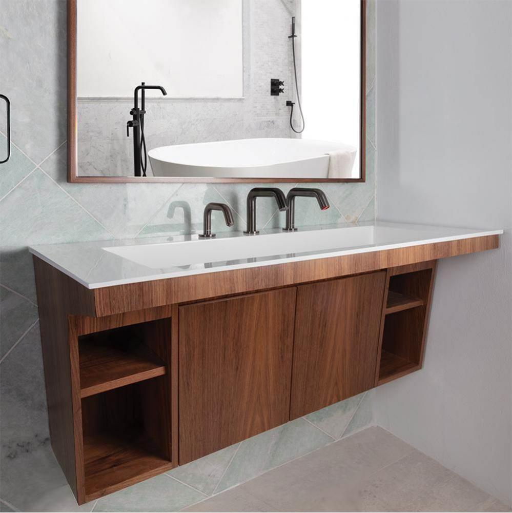 Wall-mount vanity with two doors and fingerpull openings; can meet federal ADA requirements when i