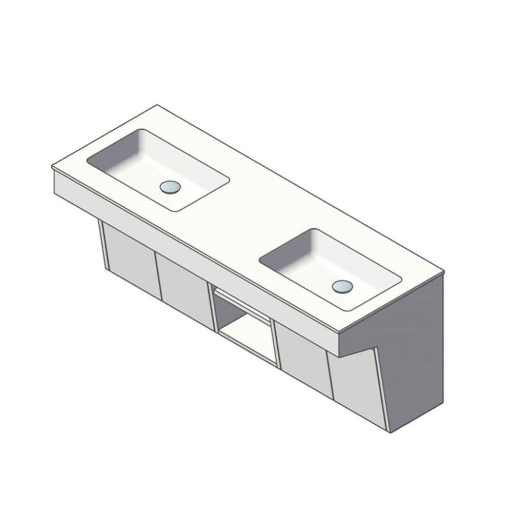 Wall-mount vanity with four doors, one cubby and fingerpull openings; can meet federal ADA requirm