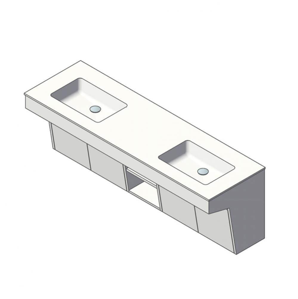 Wall-mount vanity with four doors, one cubby with shelf and fingerpull openings; can meet federal