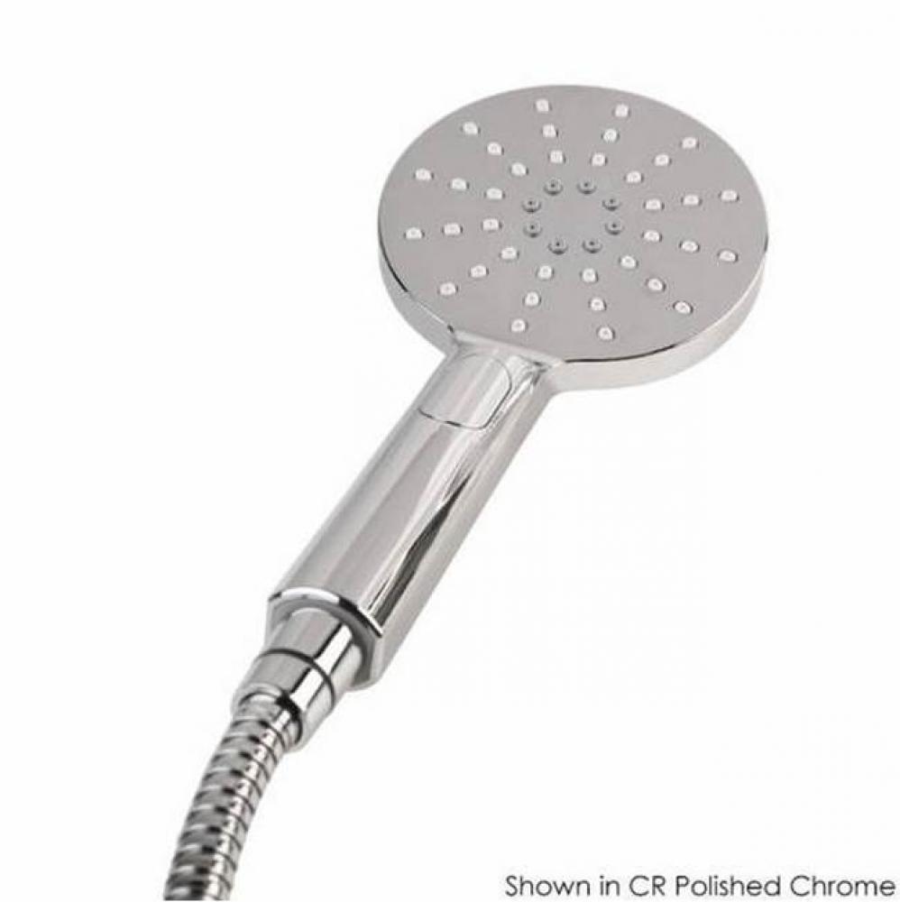 Hand-held round shower head with 59-inch flexible hose and three function variable spray