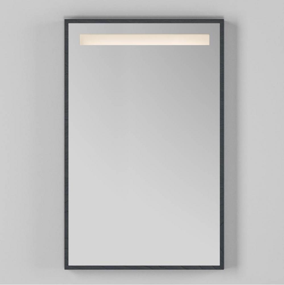Wall-mount mirror in wooden or metal frame with LED light behind sand blasted frosted section on t