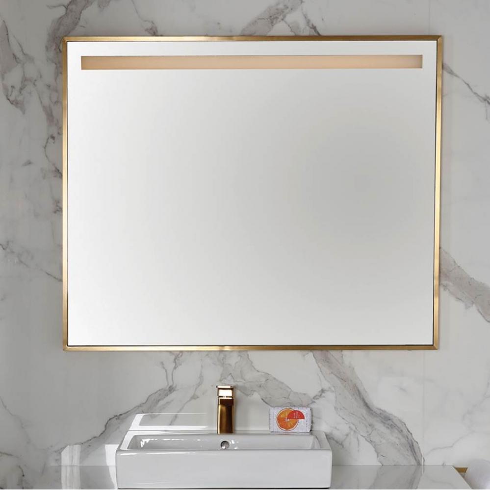 Wall-mount mirror in wooden or metal frame with LED light behind sand blasted frosted section on t