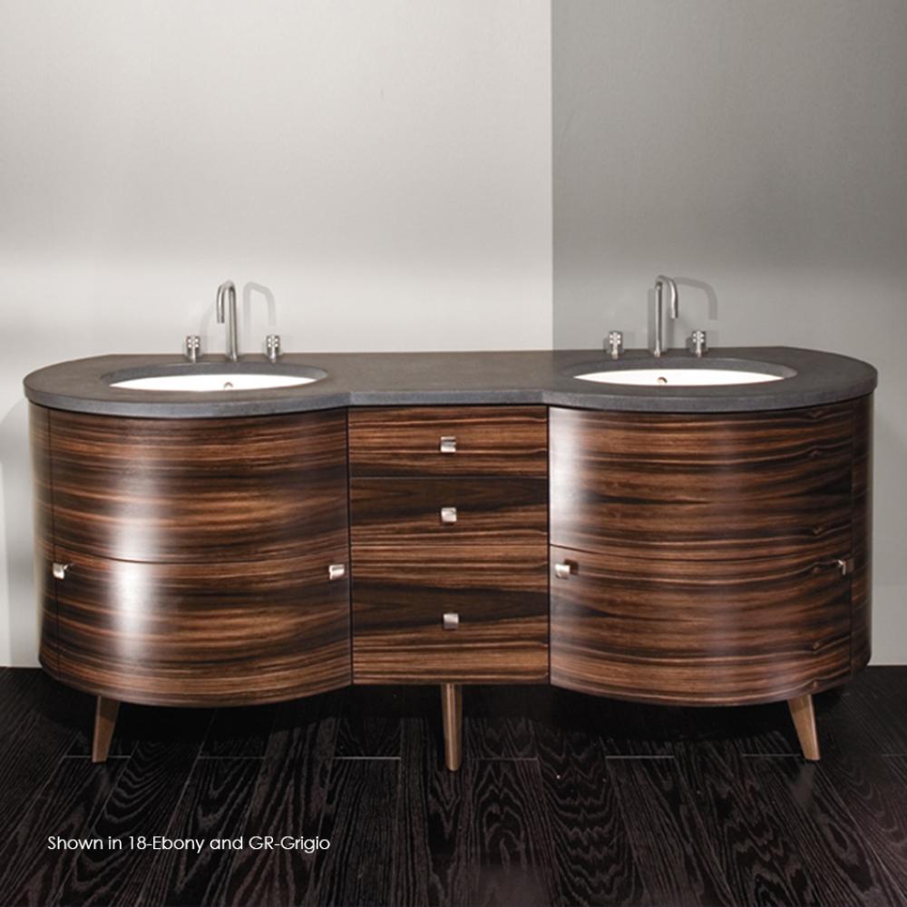 Free-standing under-counter double vanity, with five drawers and brushed nickel pulls. 72'&ap