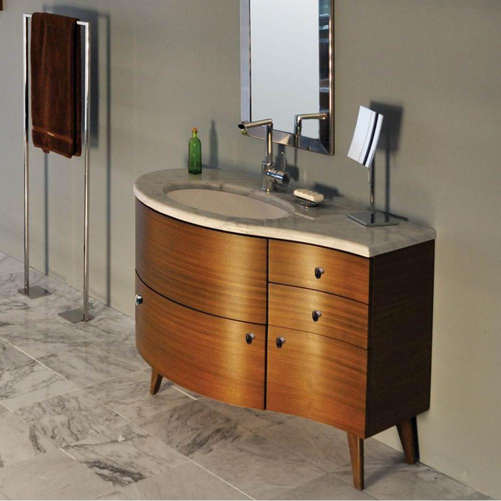 Free-standing wood base with three drawers and one door, washbasin on the left, 48''W, 2
