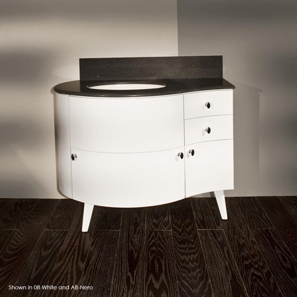 Free-standing wood base with three drawers and one door, washbasin on the right, 42''W,