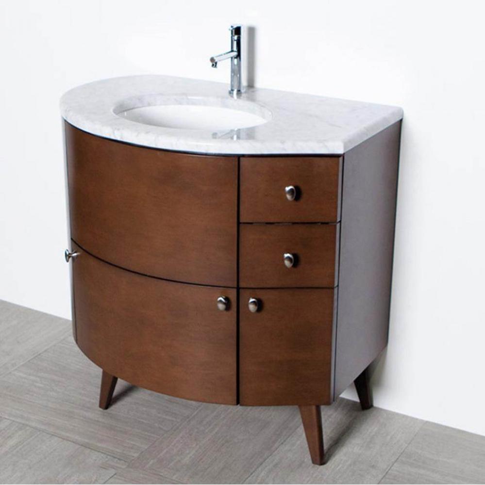 Free-standing wood base with three drawers and one door, washbasin on the right, 36''W,