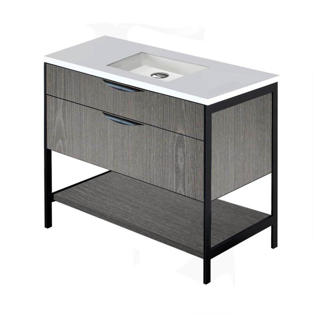 Cabinet of free standing under-counter vanity with two wide drawers, bottom wood shelf and metal f