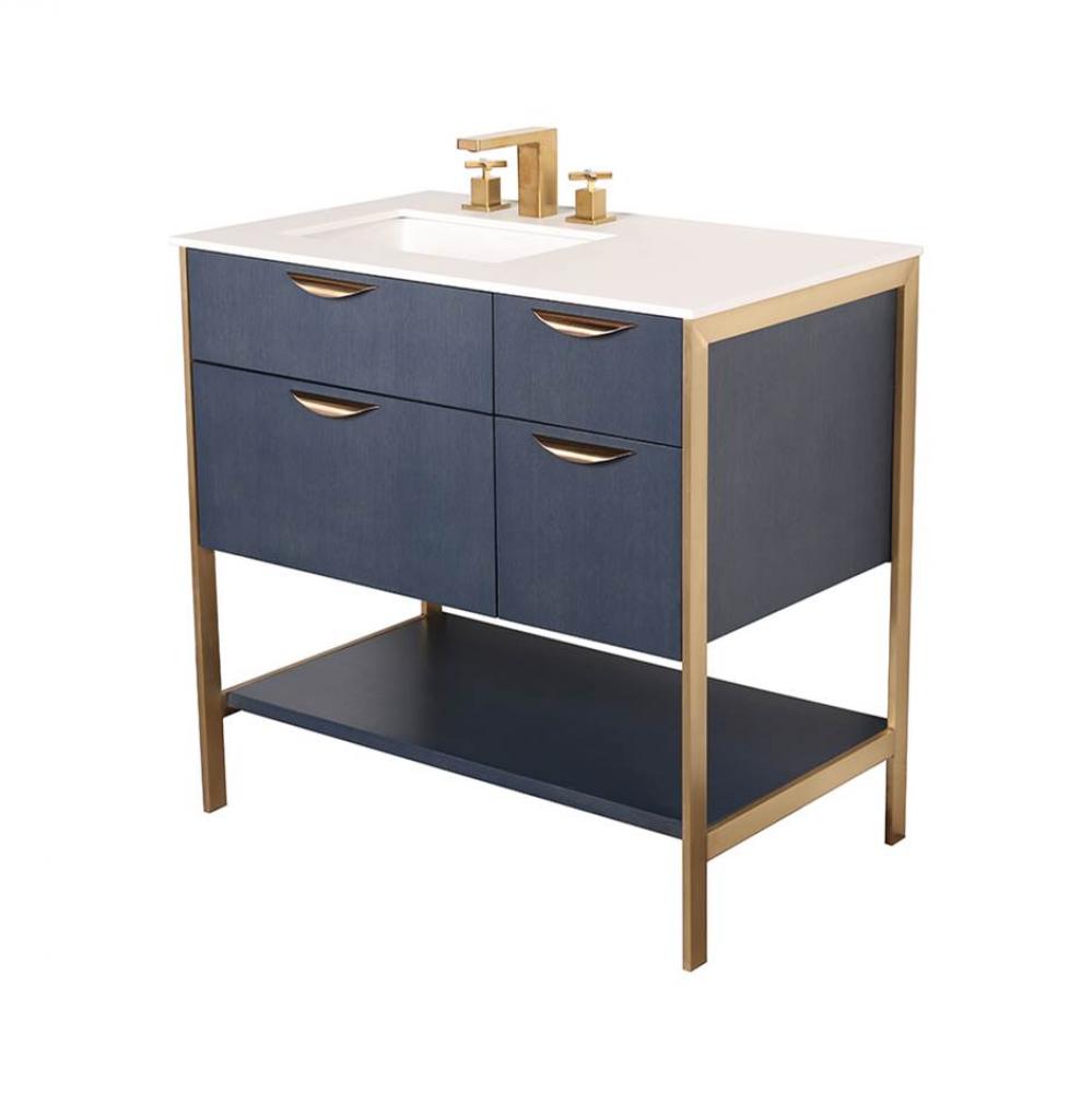 Cabinet of free standing under-counter vanity with three drawers, bottom wood shelf and metal fram