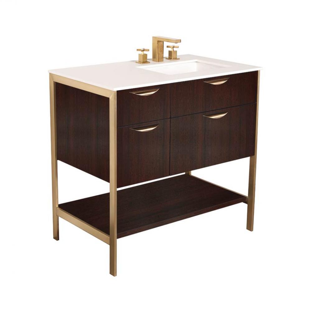 Cabinet of free standing under-counter vanity with three drawers, bottom wood shelf and metal fram