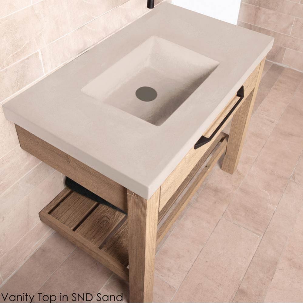 Floor-standing vanity with drawer and slotted bottom shelf.