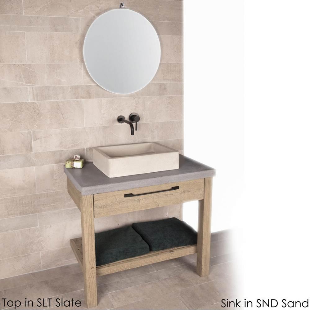 Floor-standing vanity with drawer and slotted bottom shelf.
