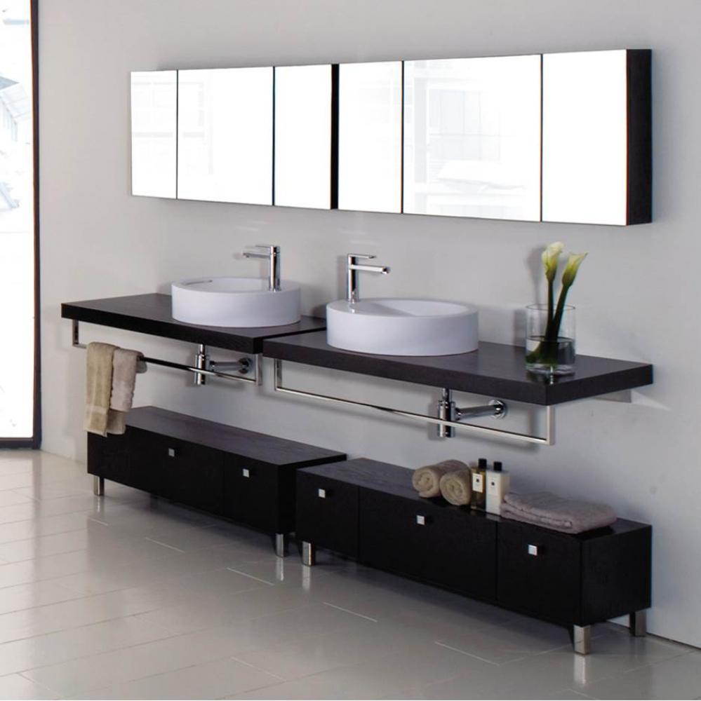 Wall-mount wooden countertop with polished stainless steel brackets. Cut-outs provided upon reques