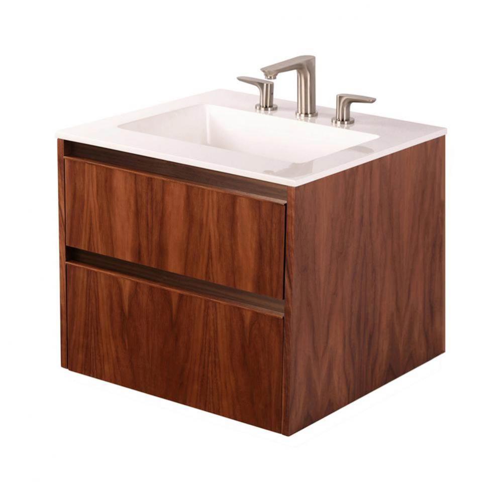 Wall-mount under-counter vanity with two drawers and plumbing notch in back. 35-3/4''W,