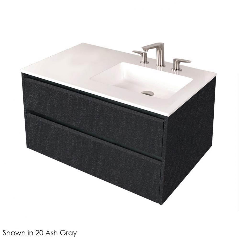 Wall-mount under-counter vanity with two drawers and plumbing notch in back.