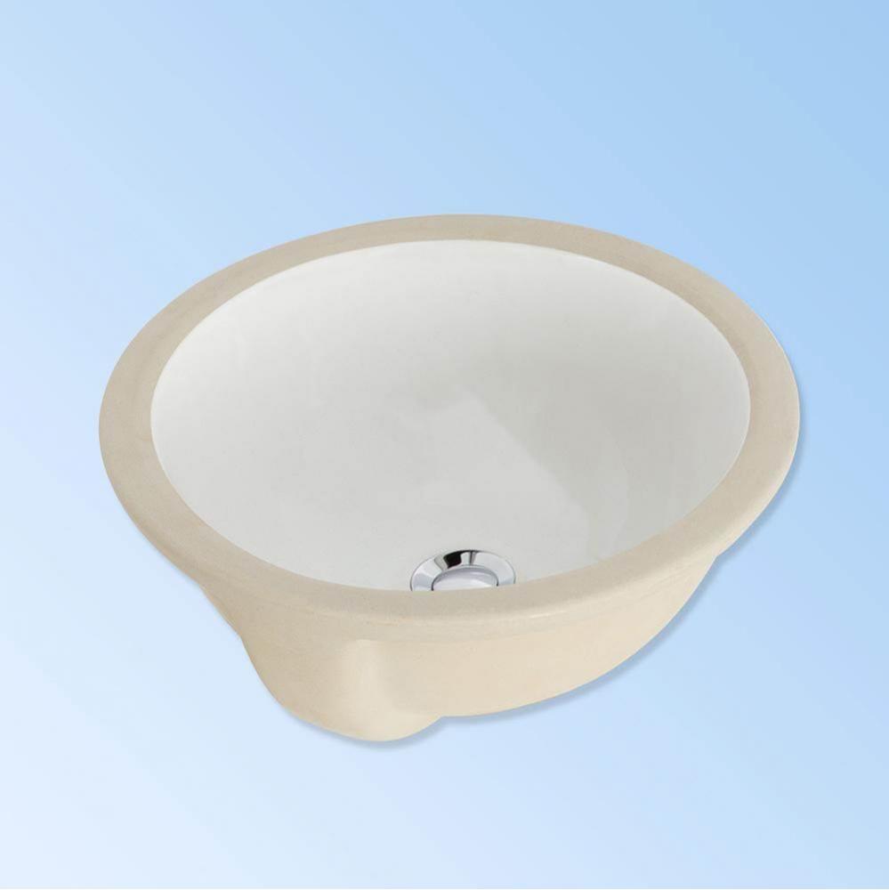 Under-counter porcelain sink with an overflow. DIAM: 13-1/2'', H: 7-1/4''