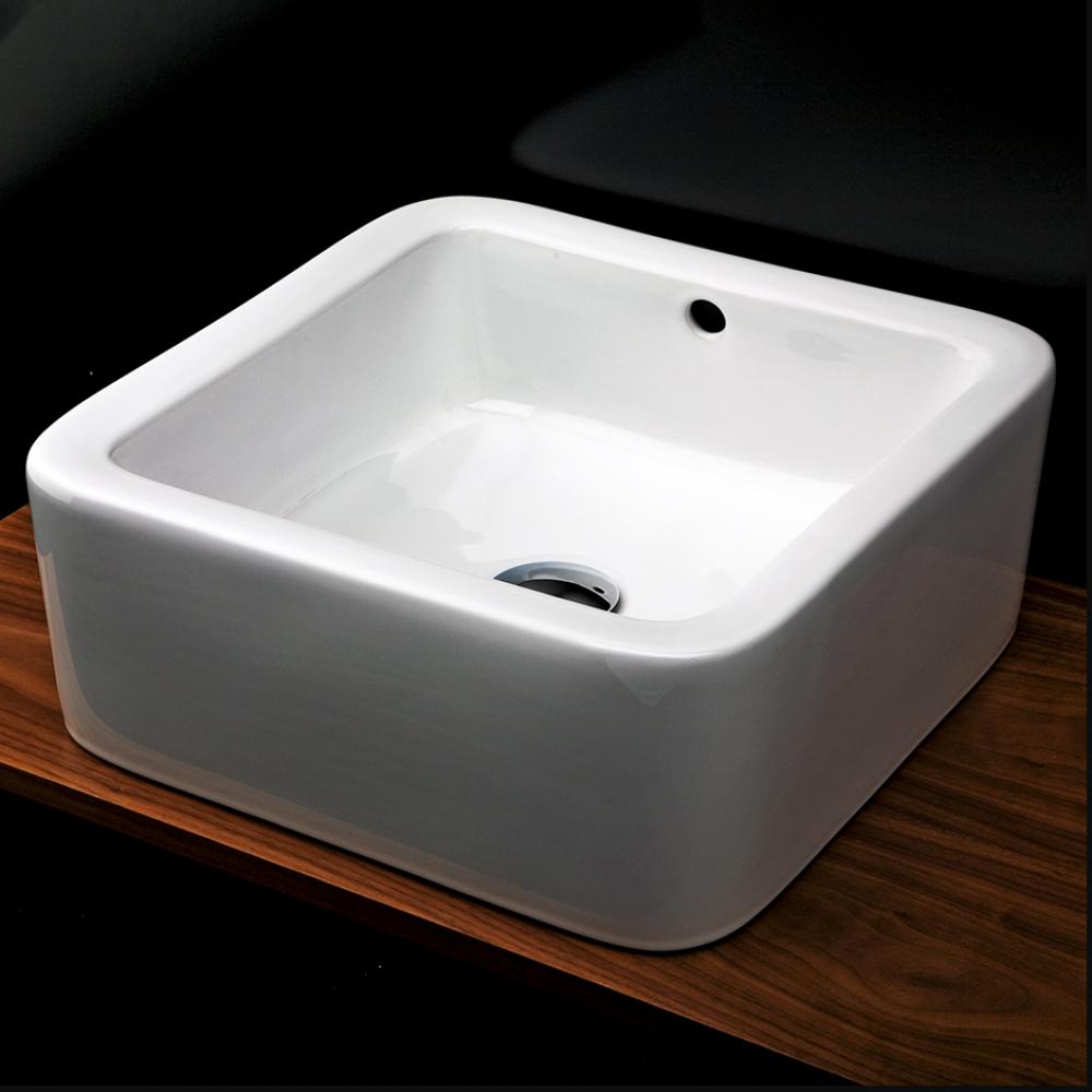 Vessel porcelain Bathroom Sink with an overflow, finished back. 16 3/8''W, 16 3/8'&