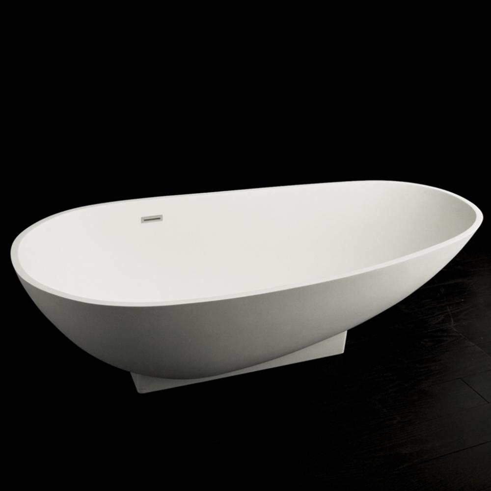 Free-standing soaking bathtub made of white solid surface with an overflow and polished chrome dra