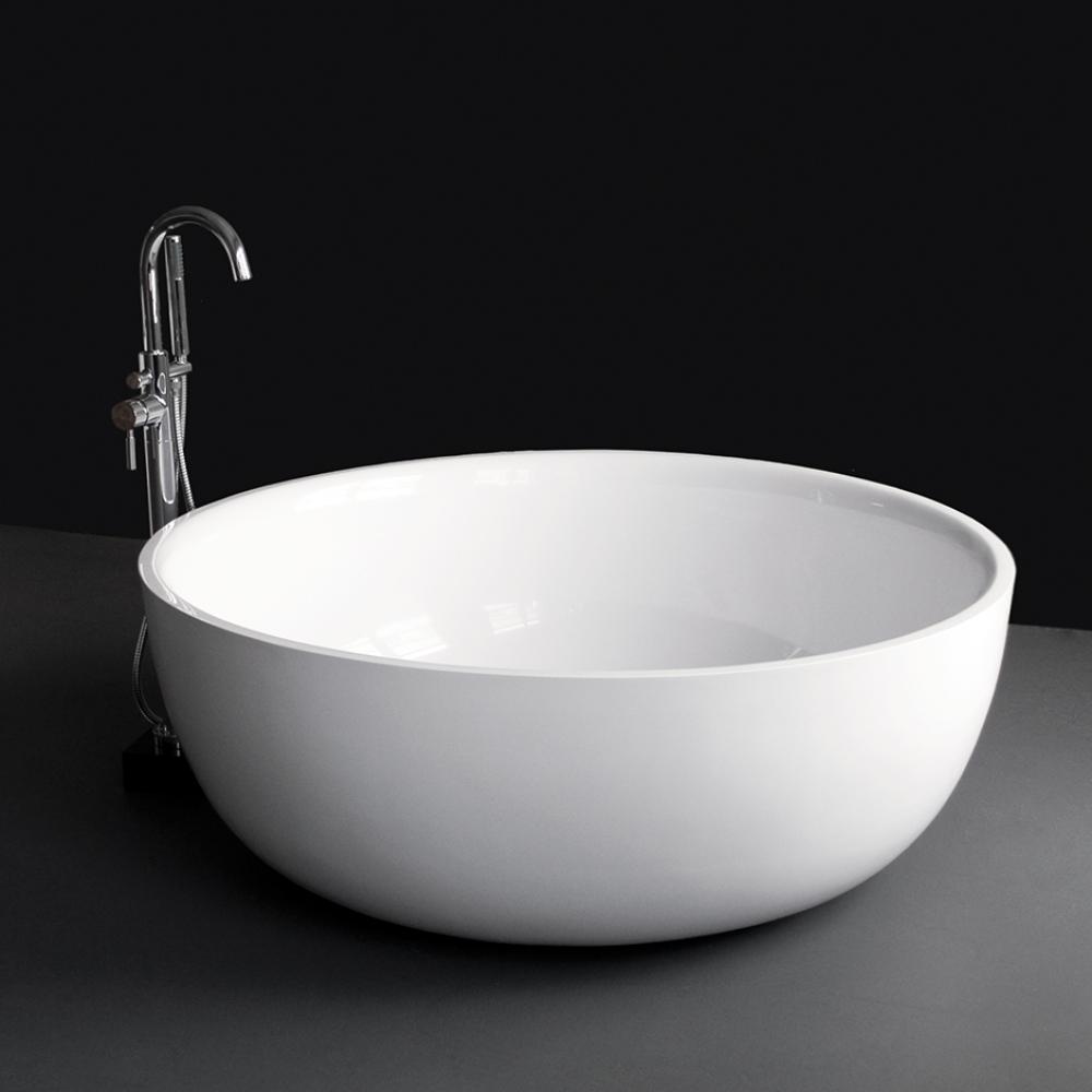 Free-standing soaking bathtub made of white solid surface with a decorative solid surface drain, n