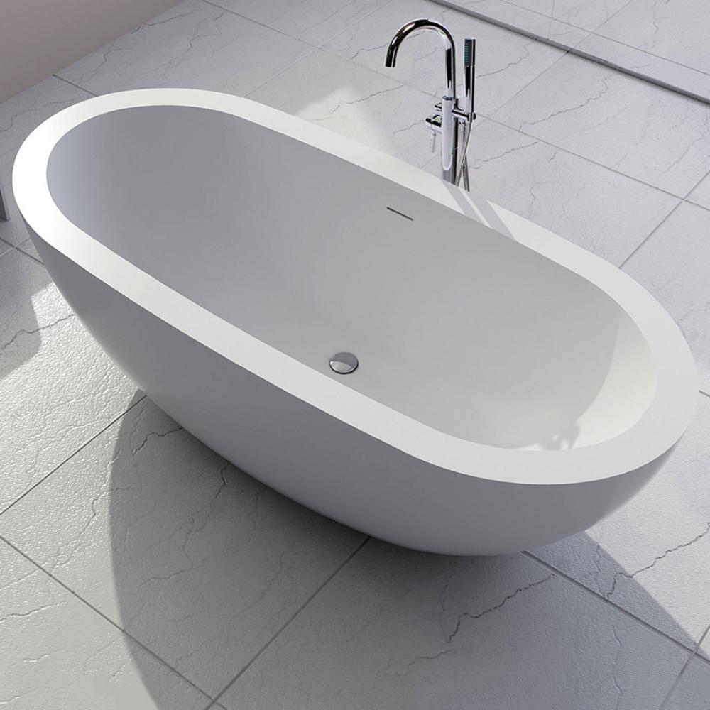 Free-standing soaking bathtub made of white solid surface with an overflow andndrain, net weight 3
