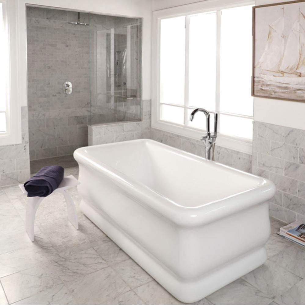 Free-standing soaking bathtub made of luster white acrylic with an overflow and polished chrome dr