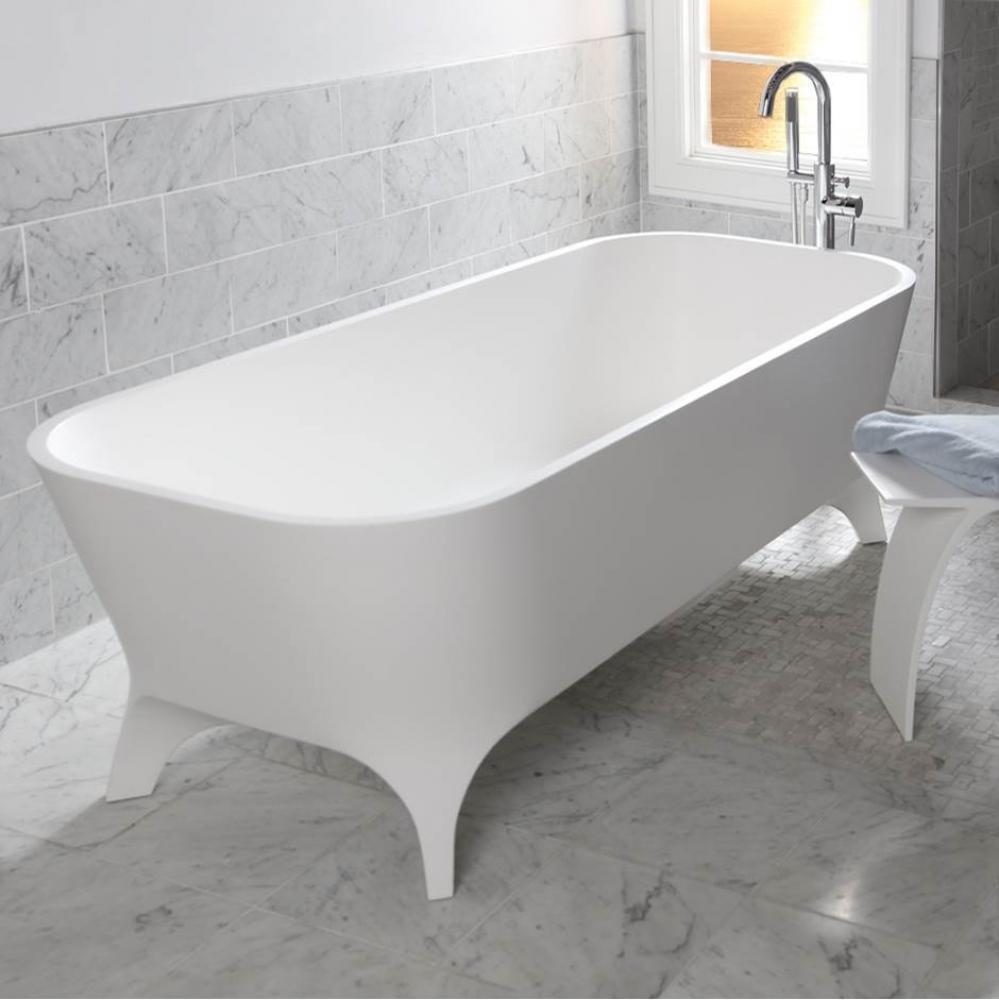 Free-standing soaking bathtub made of white solid surface with an overflow and a decorative solid