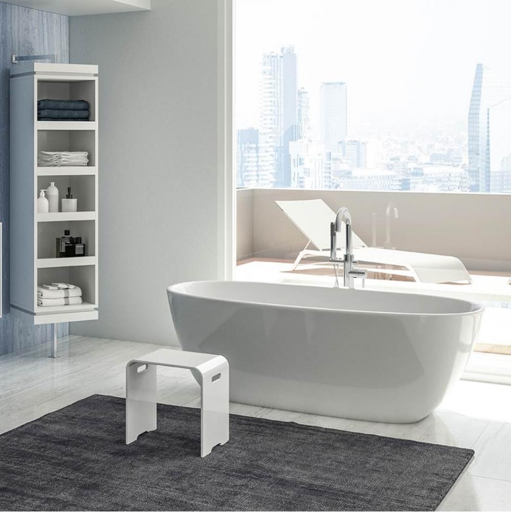 Free-standing soaking bathtub made of white solid surface with an overflow and a decorative solid