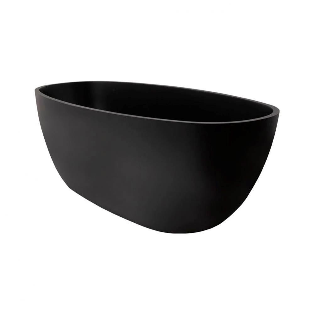 Free-standing soaking bathtub made of white solid surface with an overflow and a decorative solid