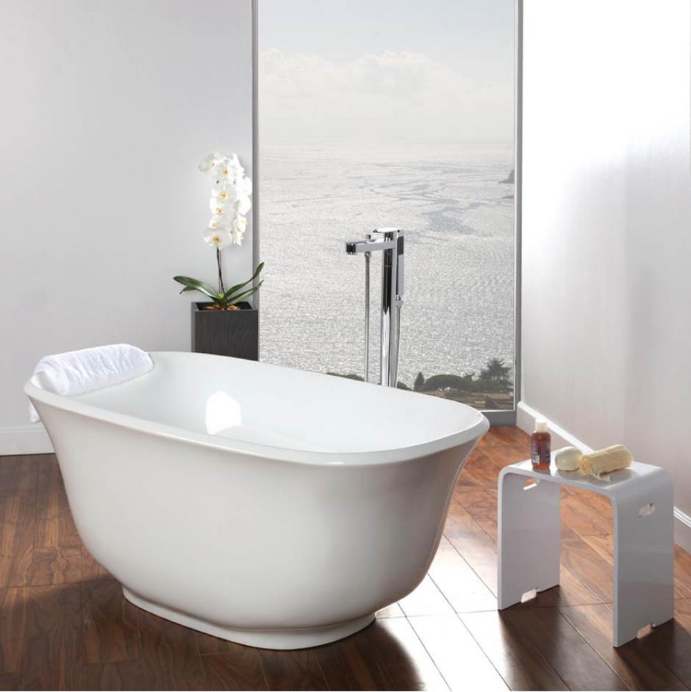 Free-standing soaking bathtub made of luster white acrylic with an overflow and polished chrome dr