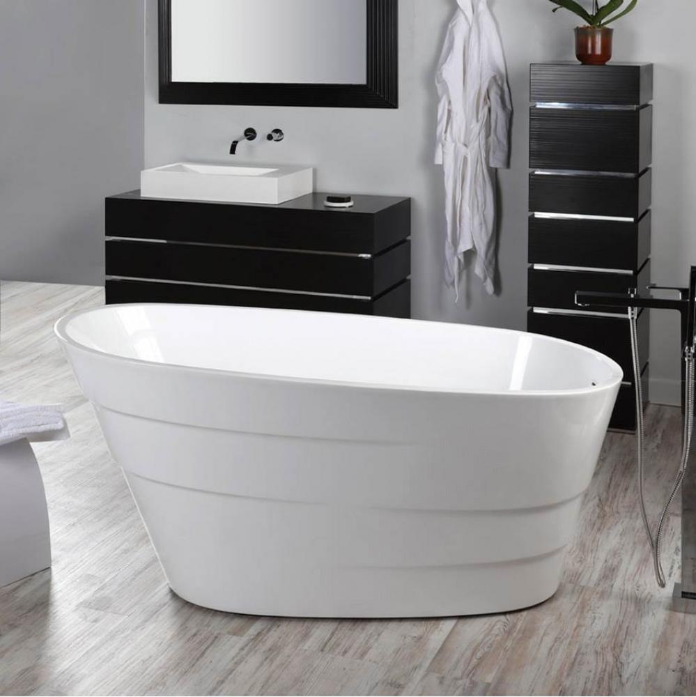 Free-standing soaking bathtub made of luster white acrylic with an overflow and polished chrome dr