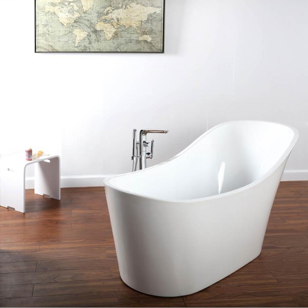 Free-standing soaking bathtub made of luster white acrylic with an overflow and polished chrome dr