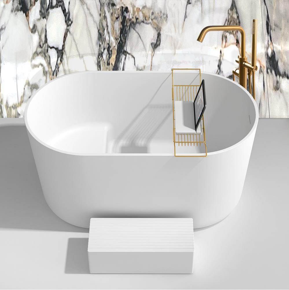 Free-standing soaking bathtub made of white solid surface with overflow, a decorative solid surfac