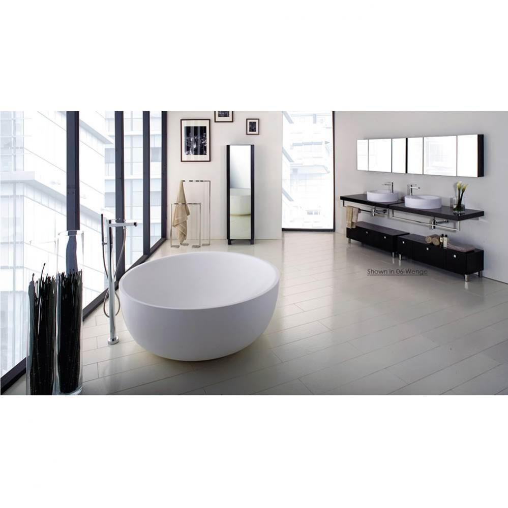 Free-standing soaking bathtub made of white solid surface with a decorative solid surface drain