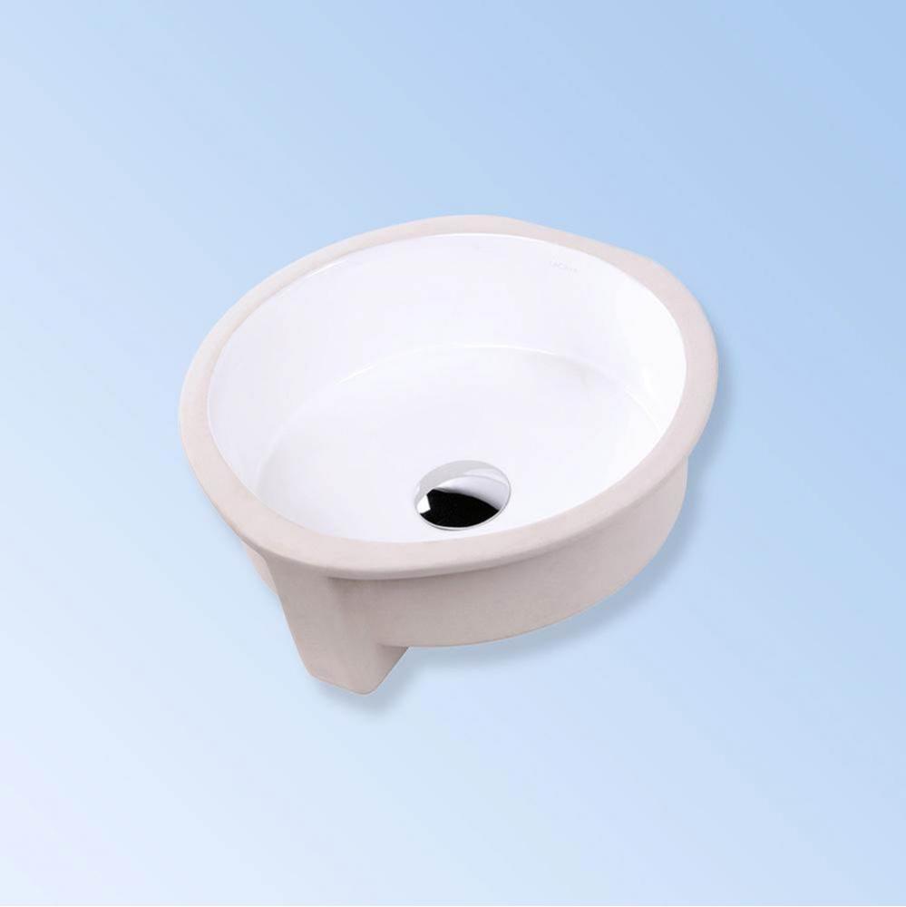 Under-counter porcelain sink with an overflow. Unglazed exterior. DIAM: 11-7/8'', H: 5&a