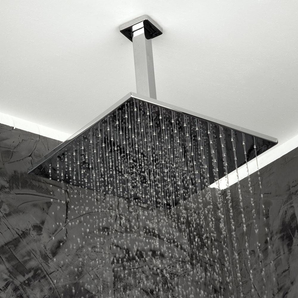 Ceiling-mount tilting square rain shower head, 121 rubber nozzles. Arm and flange sold separately.