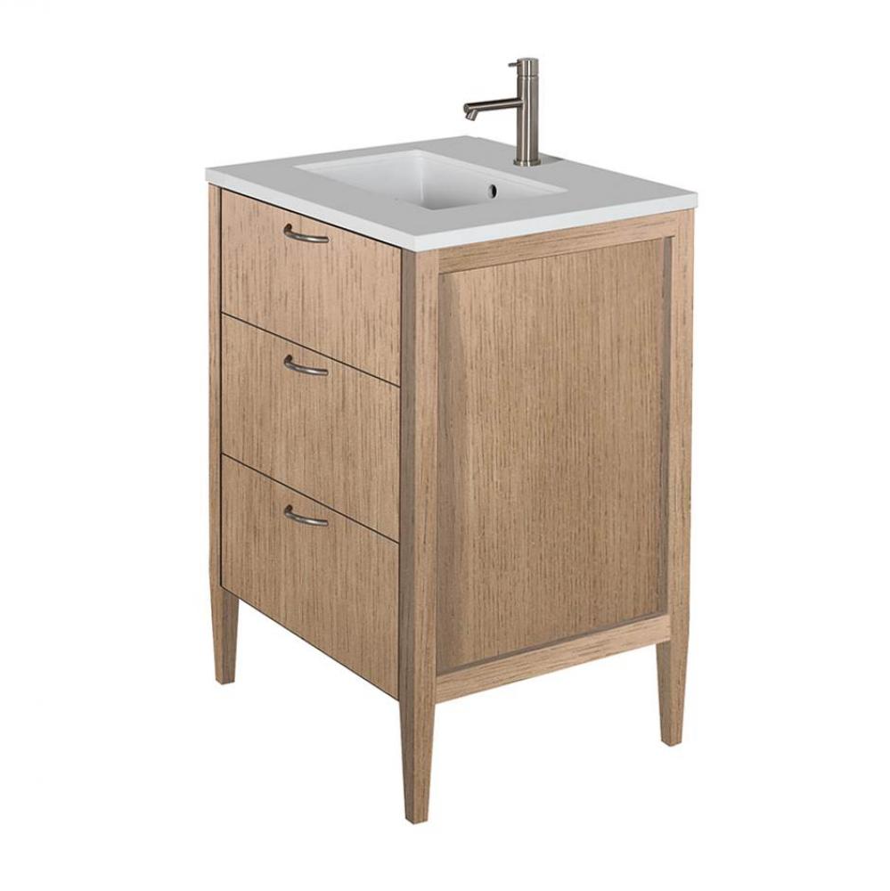 Free-standing under-counter vanity with two drawers(pulls included), the top drawer has U-shaped n